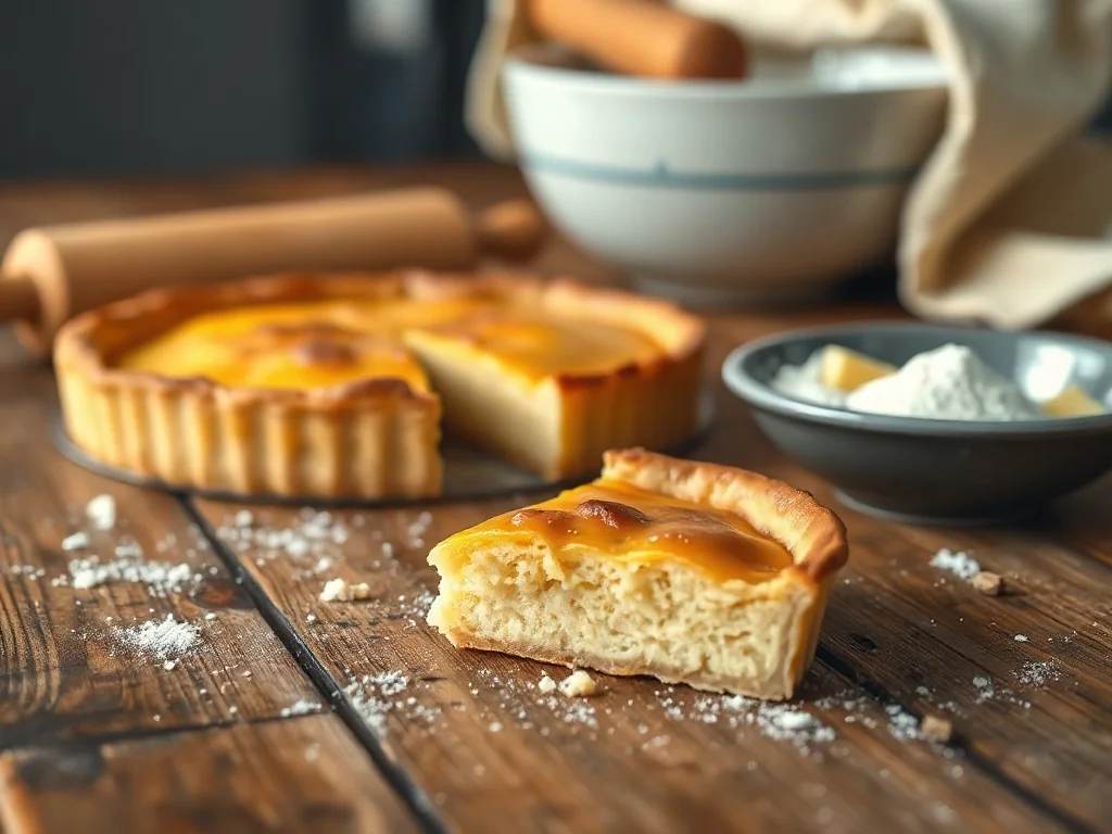 Krucha tarta na drewnianym stole, z widocznym kruchym przekrojem i składnikami pokazującymi idealną, nietwardniejącą strukturę.