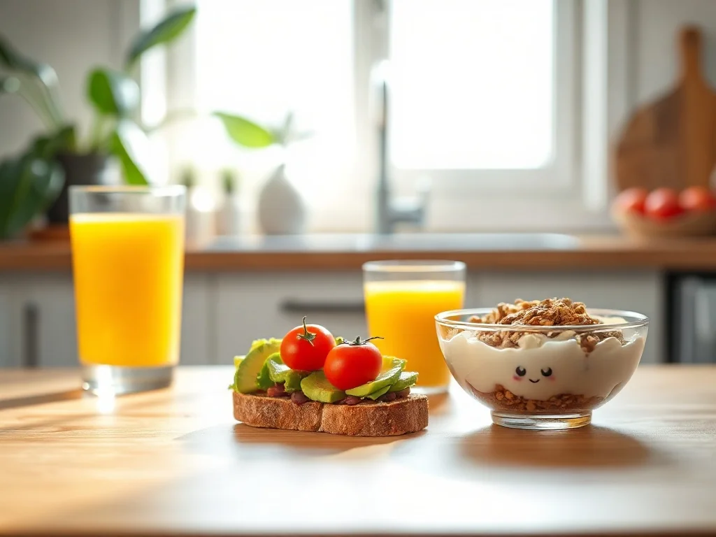 Kolorowe wegetariańskie śniadanie: tost z awokado, owoce z jogurtem i granolą oraz sok pomarańczowy w jasnej kuchni.