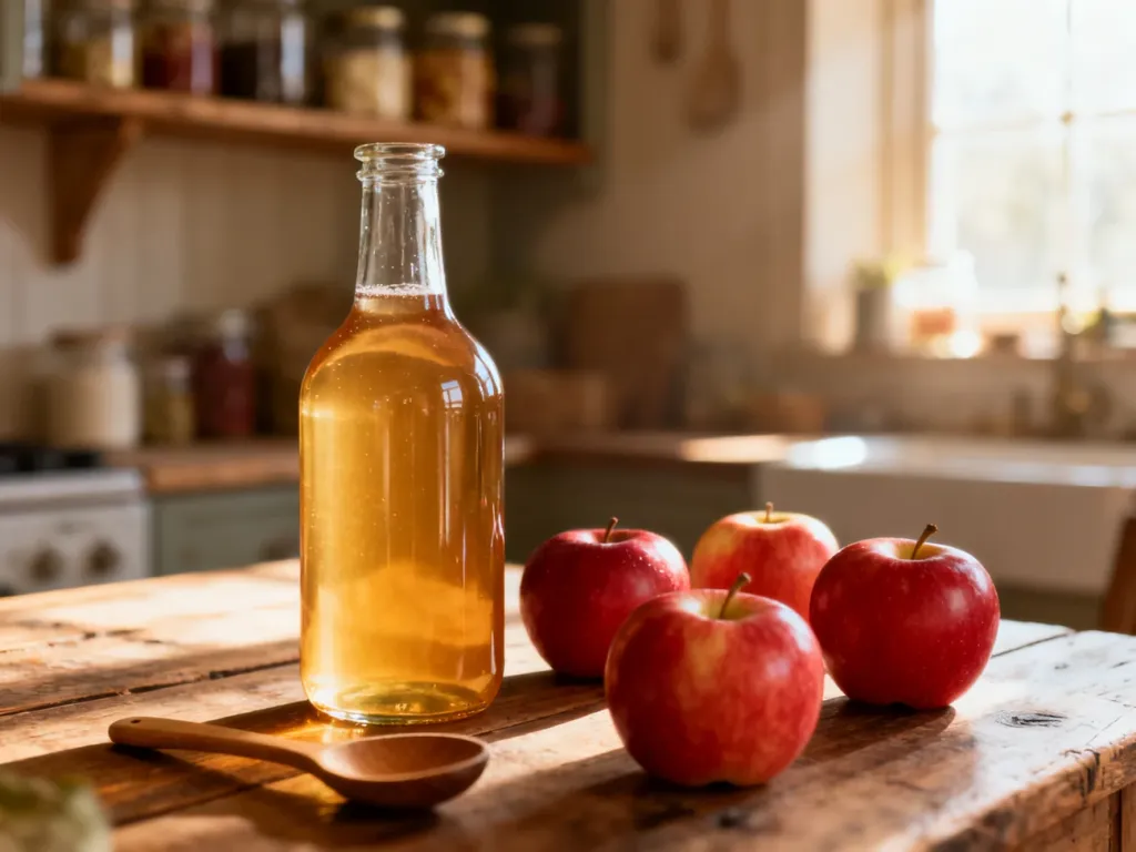 Szklana butelka z octem jabłkowym na drewnianym stole w otoczeniu świeżych owoców, podkreślająca naturalny charakter produktu.