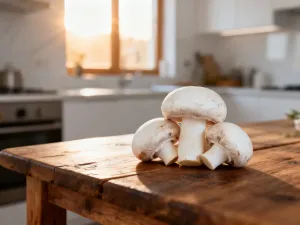 Miseczka świeżych owoców, orzechy i kostki gorzkiej czekolady jako zdrowe zamienniki słodyczy w jasnej, przytulnej kuchni