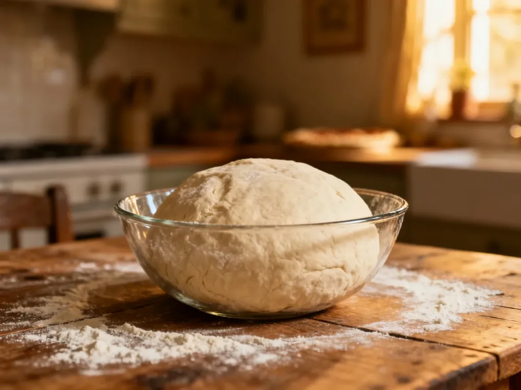 Kula świeżego ciasta na pizzę w szklanej misce na drewnianym stole, przygotowana do wyrastania w domowej kuchni.